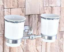 Polished Chrome Wall Mounted Bathroom Toothbrush Holders Dual Ceramic Cup Zba796