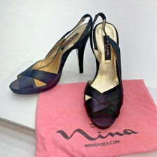 NINA Black Satin High Heel Shoes - Open Toe - Strappy Slingback