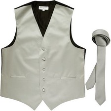 New Men's Solid Tuxedo Vest Waistcoat  1.5" Skinny Neck tie Silver
