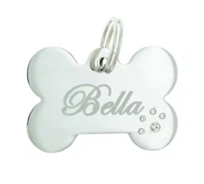 Custom Engraved Personalized Bone Stainless Steel Pet Paw Diamante Dog ID Tag