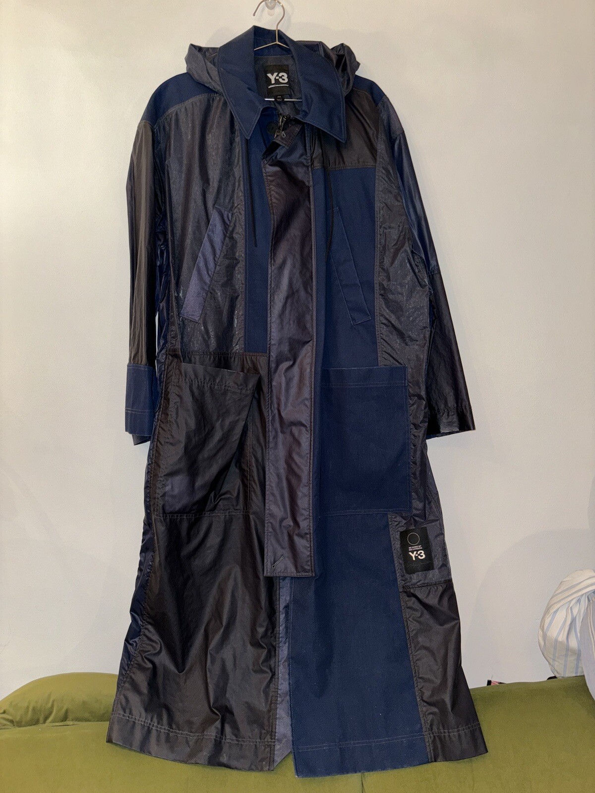 Adidas Y3 By Yohji Yamamoto Patchwork Trench Coat Blue Size M (Fits XL-XXL)