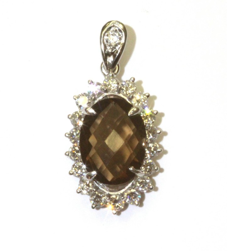 18k white gold 1ct diamond smokey quartz pendant charm 5.3g estate vintage