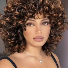 Short Loose Curly Wigs for Black Women Ombre Wig with Bangs Brown with Black Wig