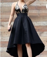 Fashion Nova Black And Gold Sequin V-neck Dress, With Adjustable Strap, Size M.