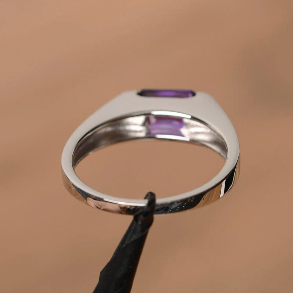 Natural Purple Amethyst Emerald Cut Gemstone Women Ring 925 Sterling Silver - Image 3 of 4