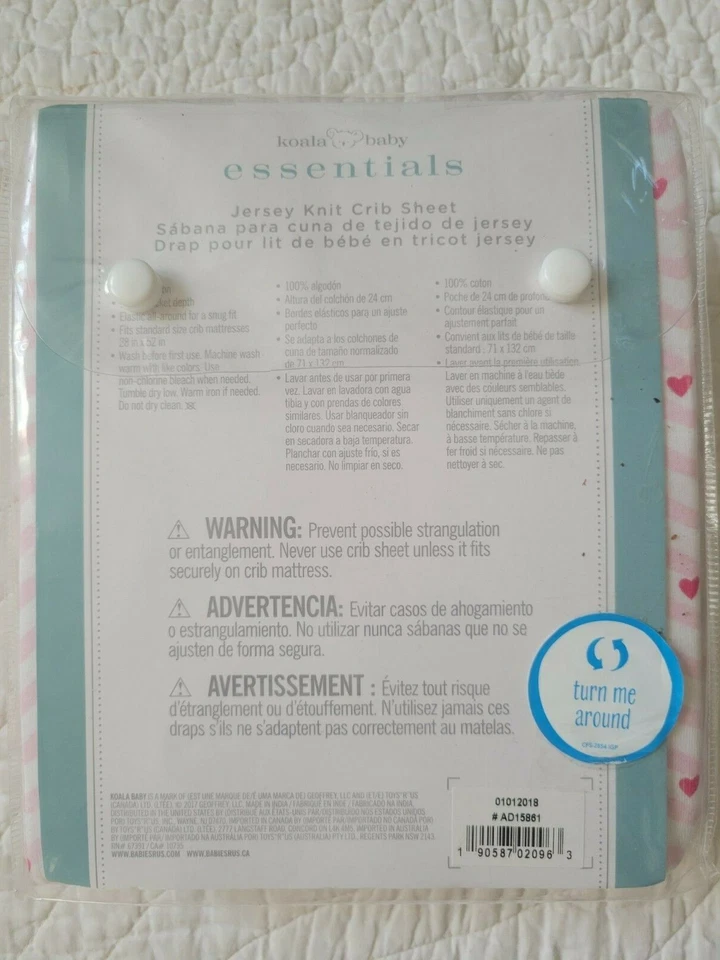 ¡NUEVO! Sábana bajera Koala Baby Essentials 100 % algodón estampado corazón paquete abierto  Foto 2 de 4