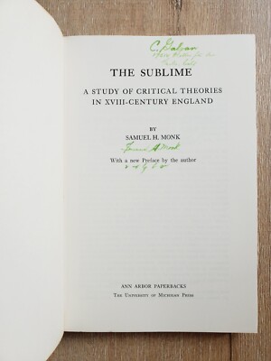 洋書 the sublime by SAMUEL H. MONK THE SUBLIME Samuel H. Monk SIGNED 1962 PB 2nd Print Ann Arbor 18th
