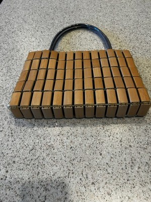 Vintage Shima Structured Top Handle Wooden Panel & Canvas Hand Shoulder Bag
