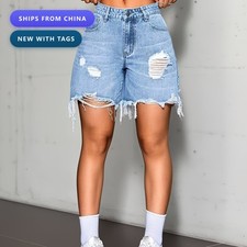Genevieve Women's Distressed Raw Hem High Waist Denim Shorts Light Blue