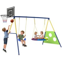 AIYAPLAY 4-in-1 Kids Swing Set with Swing, Basketball Hoop, Football Goal
