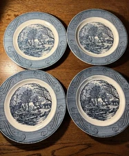 Set of 4 Currier &Ives The Old Grist Mill Blue Dinner Plates 10" Royal China USA