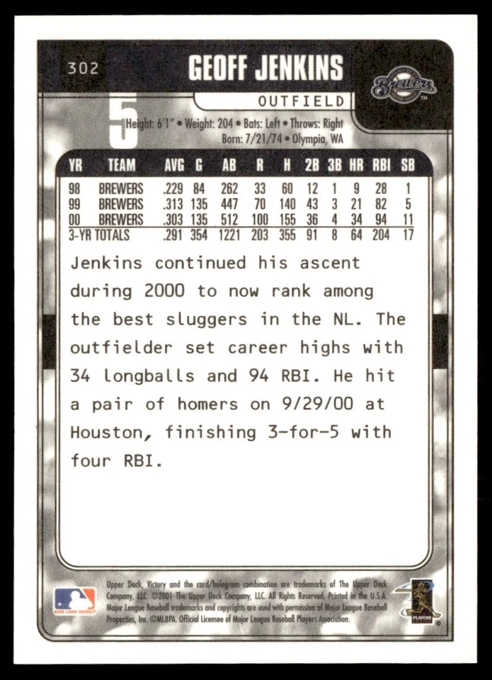 2001 Upper Deck Victory Geoff Jenkins Milwaukee Brewers #302 - Image 2 of 2