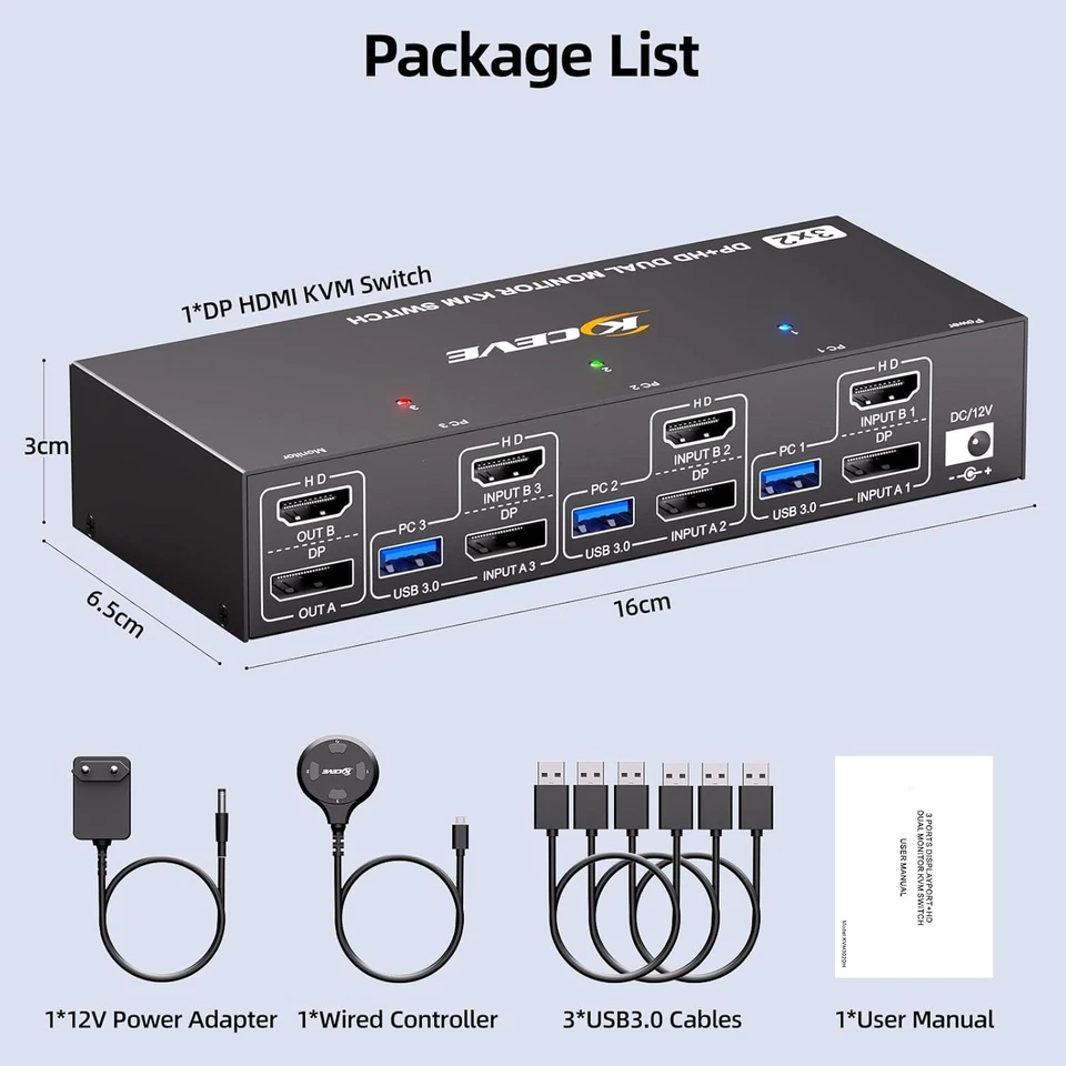 8K@60Hz HDMI DisplayPort Switch 3 PC auf 2 Monitore mit 4 USB Ports Netzteil - Bild 4 von 4