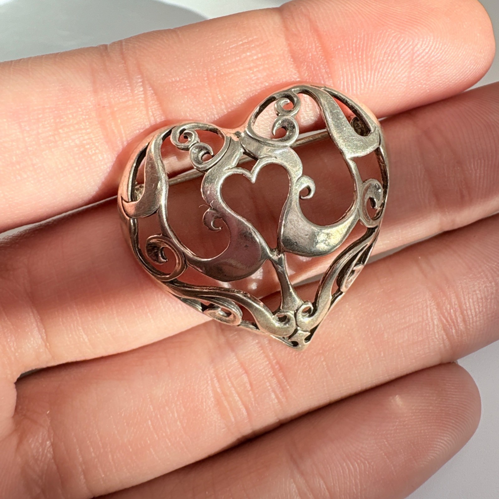 VTG Solid Sterling Silver 925 Scroll Filigree Hea… - image 8