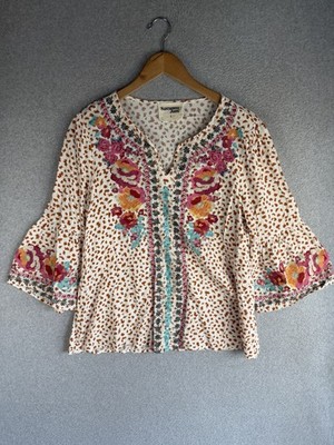 Savanna Jane Blouse Womens Small Floral Embroidery Bell Sleeves Boho Cottagecore