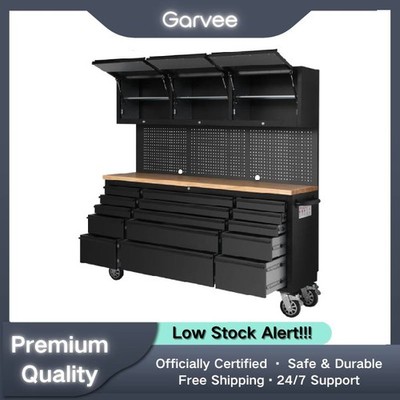 72in Rolling Tool Chest 15 Drawers Heavy-Duty Steel Rubber Wood Workbench Key Lo