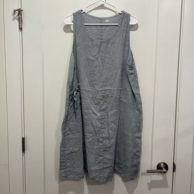 Made in Italy 100% Linen Sleeveless Shift Dress Blue Grey Side Tie Pockets 6755