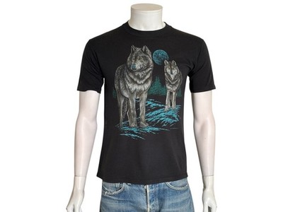 Authentisches Vintage 90er Jahre Wolf T-Shirt mit einer kühnen Vollmond-Natur...