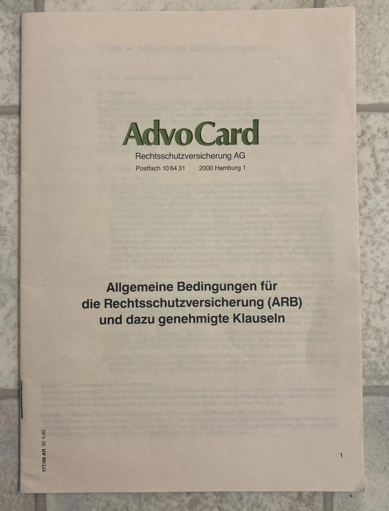 Alte Advo Card Broschüre Allgemeine Bedingungen Rechtsschutzversicherung 90er