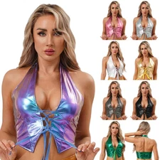 Womens Metallic Shiny Crop Tops Halter Front Lace-up Backless Pointed Hem Tank 