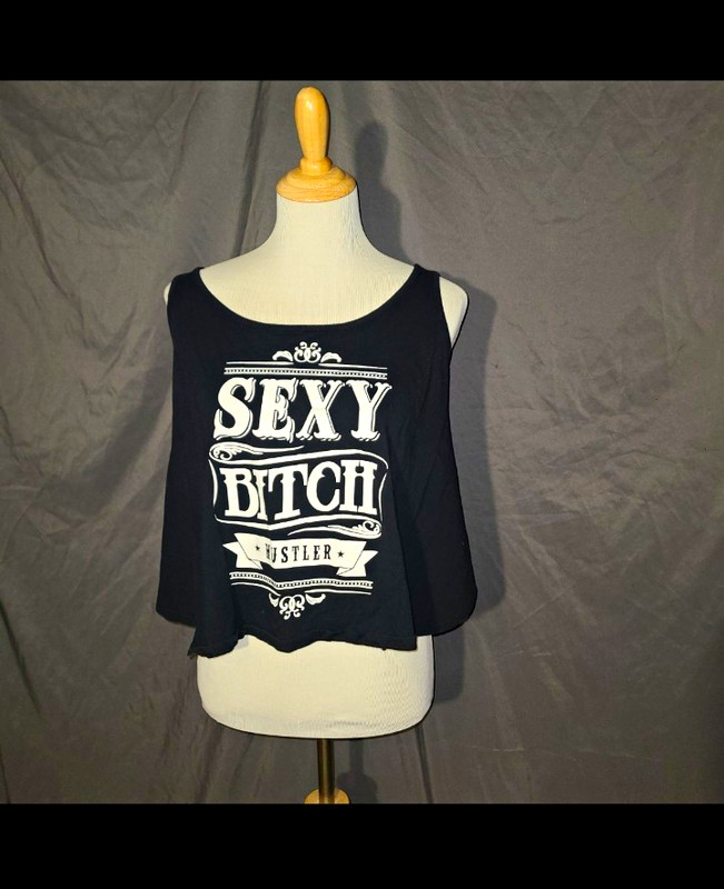 Black White Graphic Print Scoop Neck Sleeveless Pullover Open Back Crop Tank S