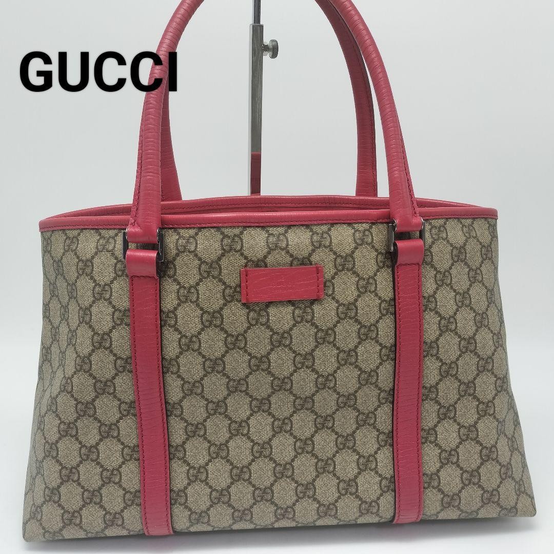 Gucci Tote Bag GG Pattern Leather PVC Beige Red Pink Authentic Excellent