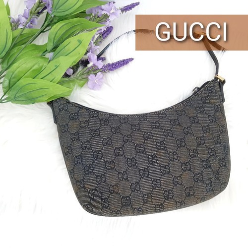 GUCCI GG Shoulder Hand Bag Ziplock Leather Canvas Beige Black Gold Hardware