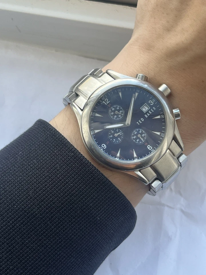 Ted Baker Chronograph Mens Stainless Steel Silver Blue With Date Vintage - Image 3 of 4