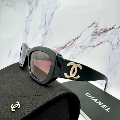 CHANEL Sunglasses Black Gold Metal Brown Lens CH5493 Square
