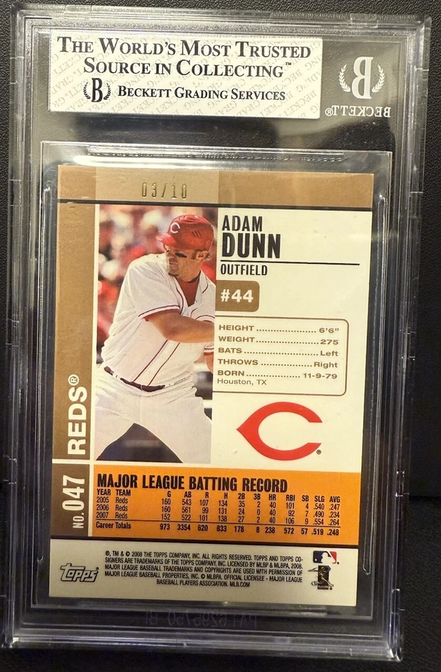 2008 Topps Co-signers Adam Dunn #47 Hyper Plaid Gold 03/10 BGS 8 - Image 2 of 4
