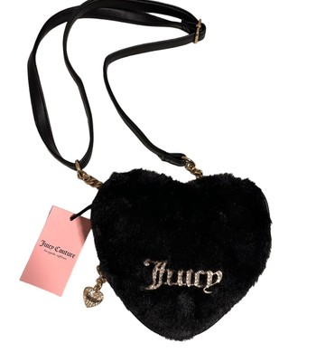 Juicy Couture Black Crossbody Liquorice Fluffy Faux Fur Heart Mini Bag w/ Charm