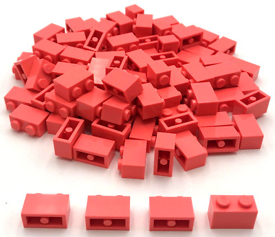 Lego 100 New Coral Bricks Building Blocks 1 x 2 Stud Pieces