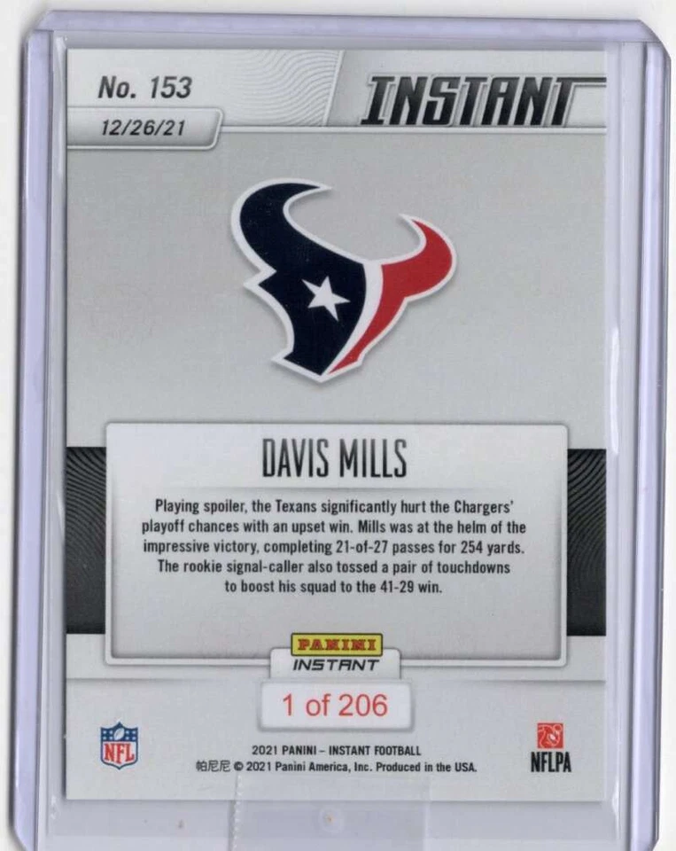 DAVIS MILLS RC 2021 Panini Instant /206 ROOKIE #153 Texans NFL ID:27357 - Image 2 of 2