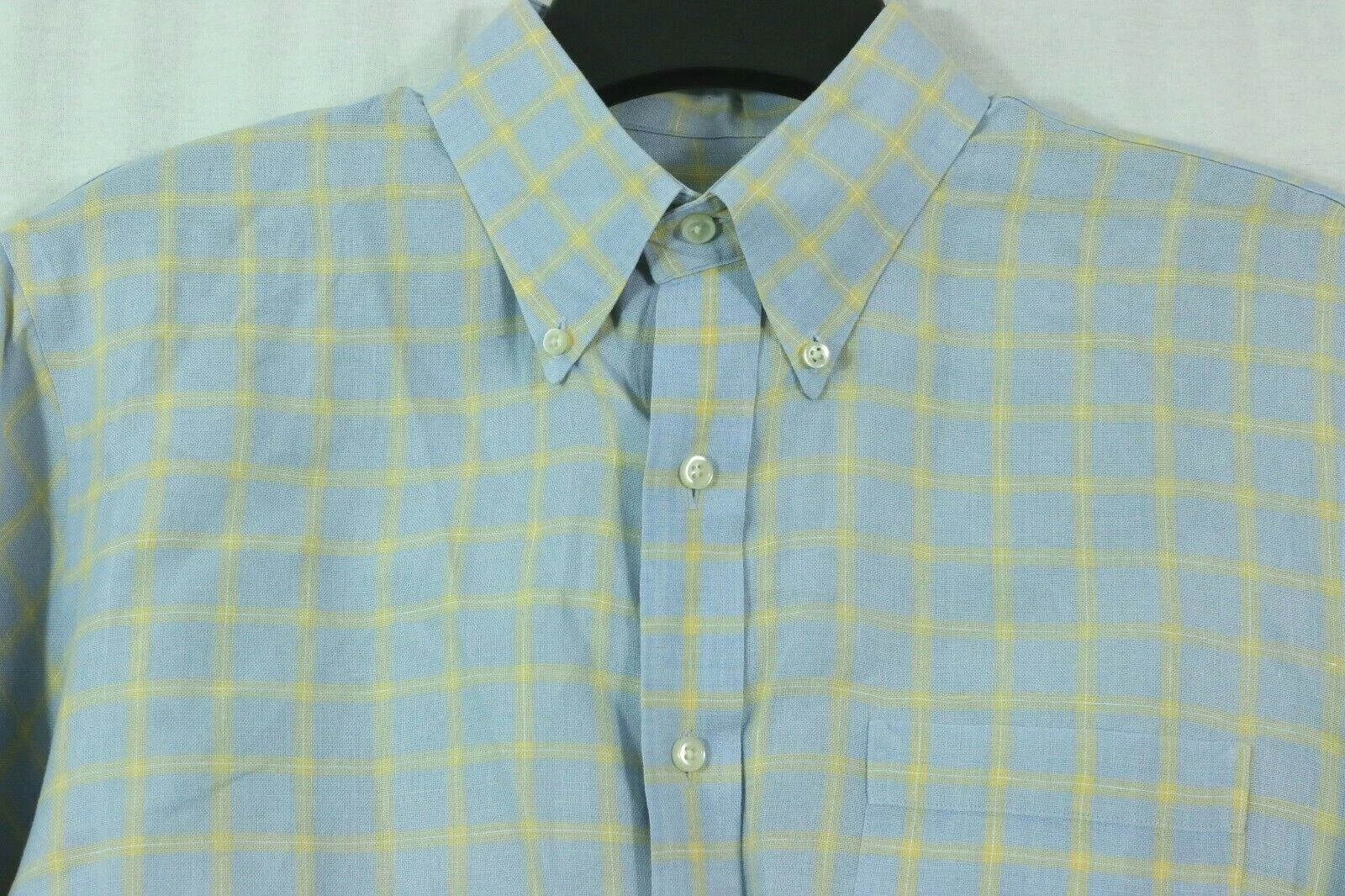 Men's Lands' End 100% Linen Button Front Shirt Size 16.5 Regular Fit Blue Plaid