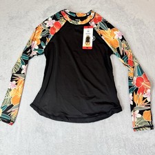 Hurley Womens M Rash Guard Beach Vacation Swim UPF50 Black Floral Sleeved New
