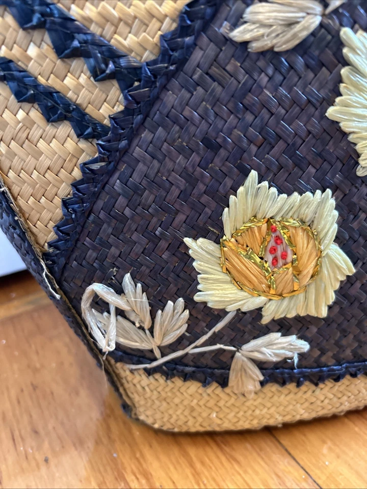 复古 60 年代花卉编织草袋托特包钱包 — 第 3/4 张图片