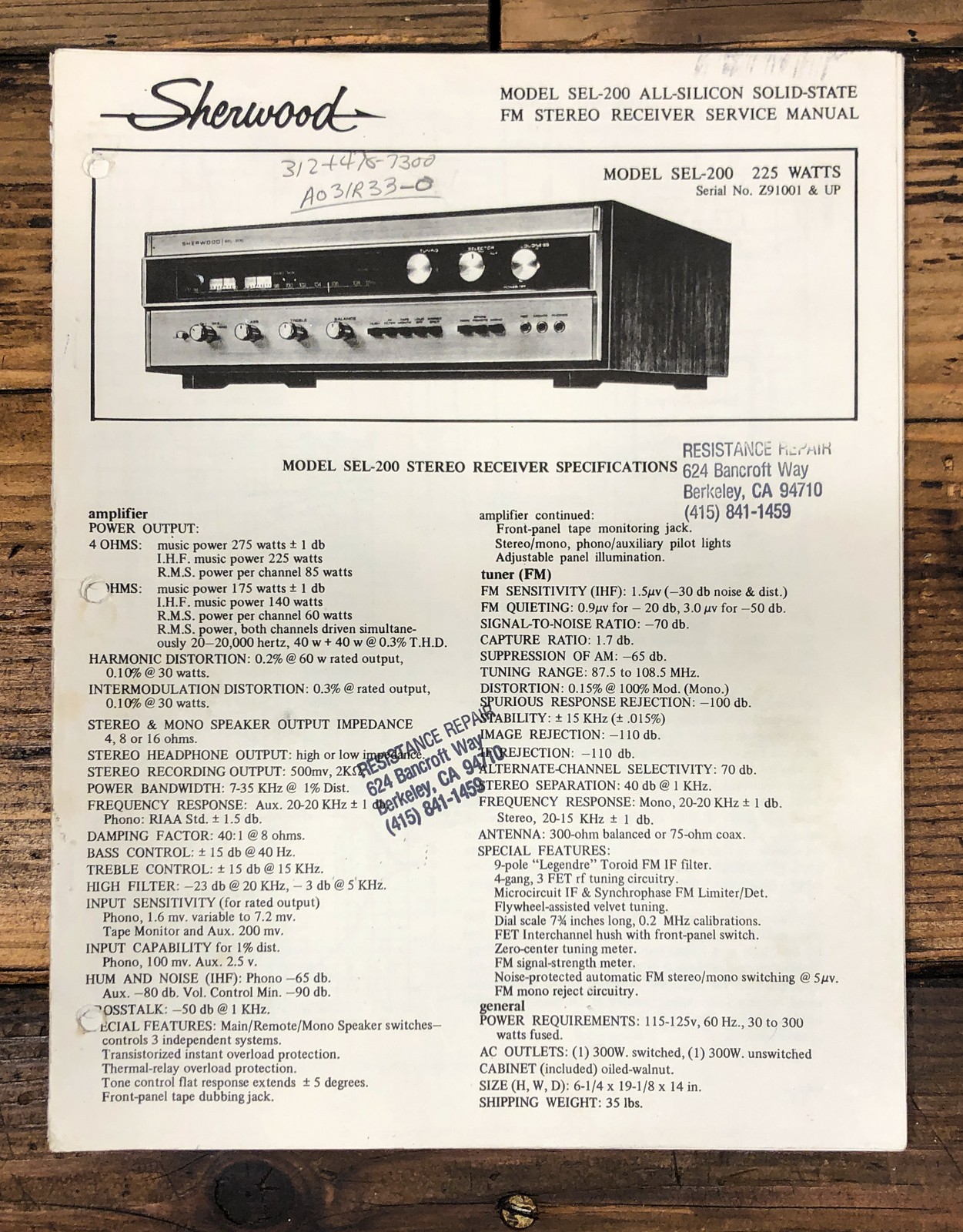 Sherwood SEL-200 Receiver Service Manual *Original*