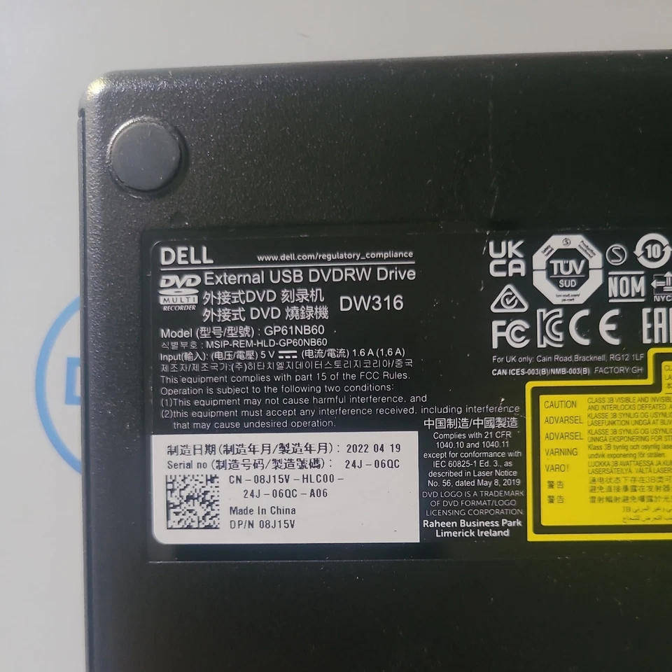 Unidad óptica Dell externa USB delgada DVD R/W DW136 8J15V Foto 3 de 4