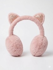 Girls Plush Cat Ear Earmuffs Pink Faux Fur Glitter Ears Winter Warmers Youth