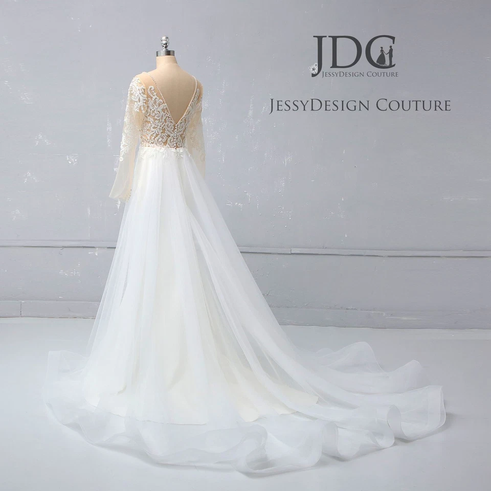 Fit Flare Crepe Meerjungfrau Spitze Brautkleid Hochzeitskleid m.Tüll Schleppe - Bild 3 von 4