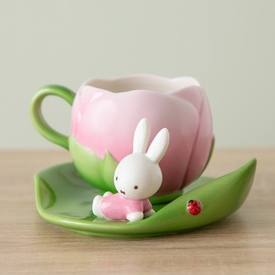 Flower Miffy Tulip Tea Cup & Saucer Pink Green Porcelain Japan