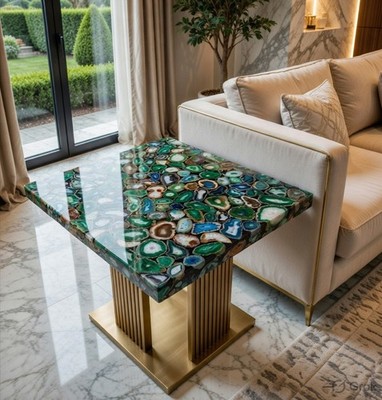 Green & Blue Agate Geode Table Top   Premium Handmade Coffee & Side Table