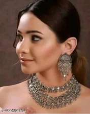 Fashion Layered Jewelry Indian Silver Mirror Oxidized Beaded Women Necklace