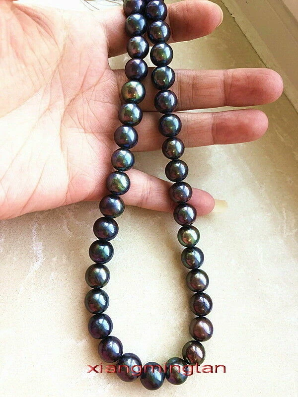 AAAAA 18"10-11 mm REAL Tahití redondo NEGRO verde multicolor collar de perlas 14K Foto 4 de 4