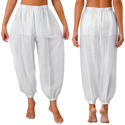 Damen Bauchtanz Kostüm Hose Seitenschlitz Pailletten glänzend Haremshose Hose - Bild 4 von 141