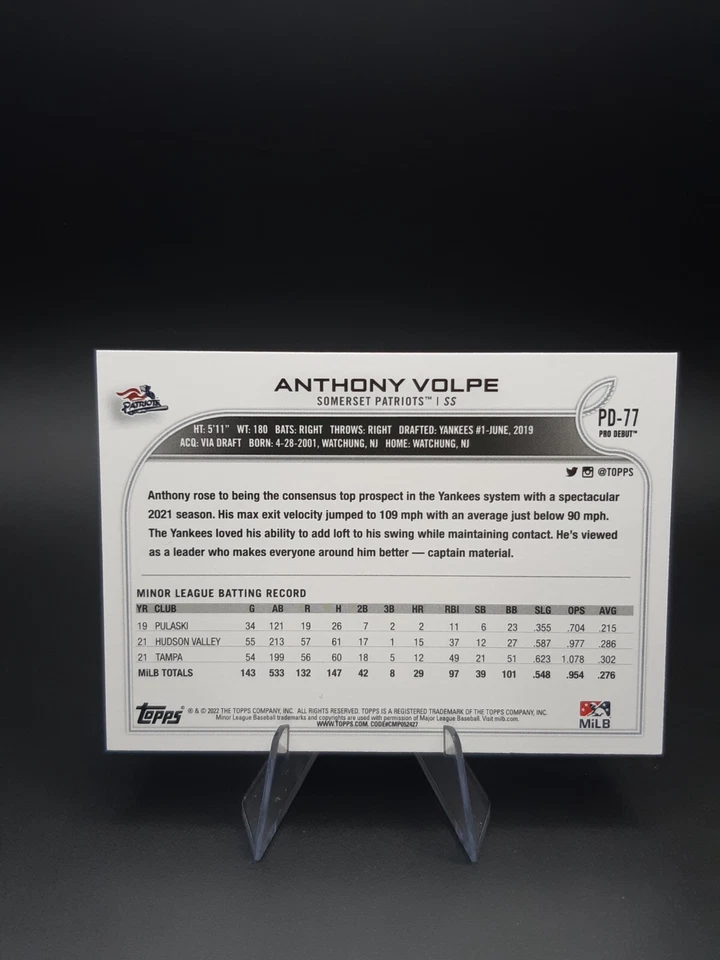 Anthony Volpe 2022 Topps Pro Debut PD-77 Patriots Yankees - Image 2 of 2
