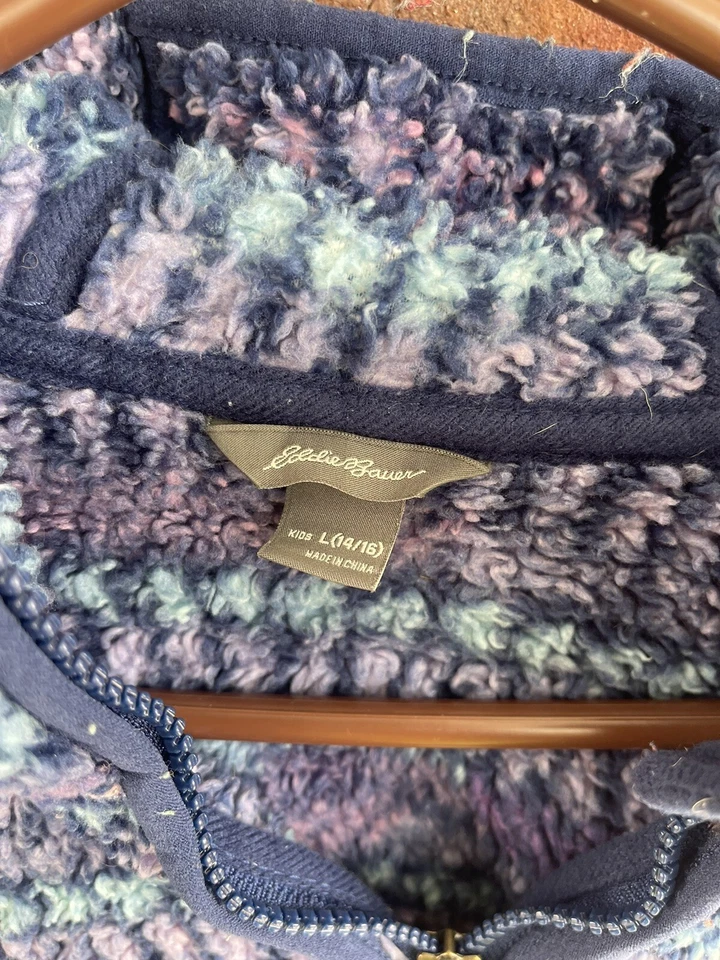 Jaqueta de lã Eddie Bauer Quest pelúcia macia juventude L azul roxo zíper completo capuz - Imagem 4 de 4