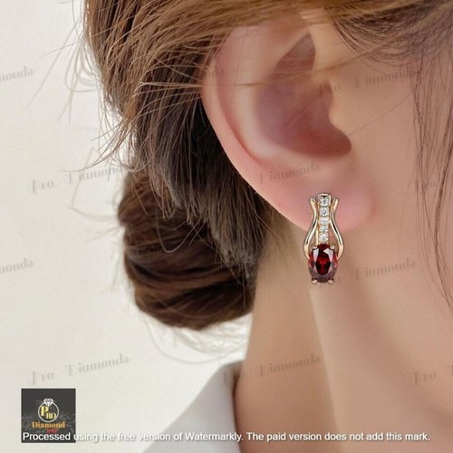2.70Ct Oval Lab-Created Red Garnet Huggie Hoop Earrings 14K Yellow Gold Plated - Picture 2 of 13