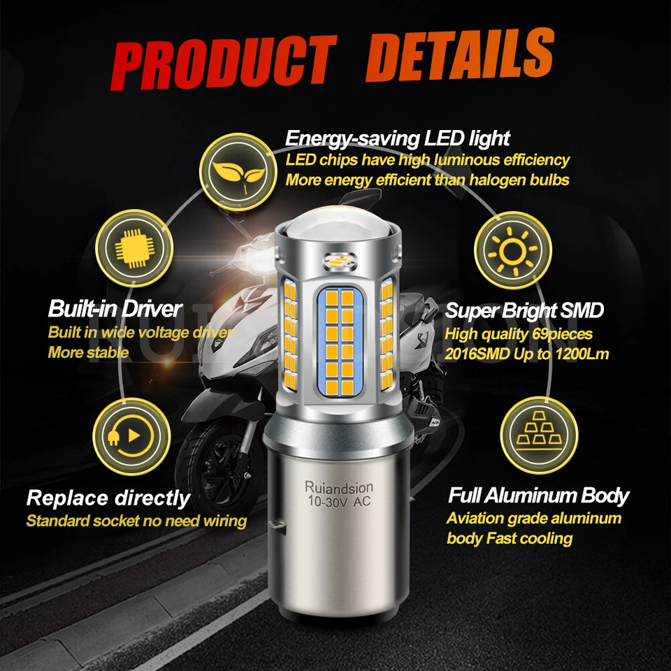 BA20D Motorrad Scheinwerfer Birne Go Kart Tag Fahrlicht 12V 4300K/6000K 1/2x - Image 4 of 4