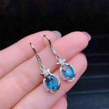 14k White Gold Plated 3Ct Oval Cut Lab-Created Blue Topaz Drop/Dangle Earrings